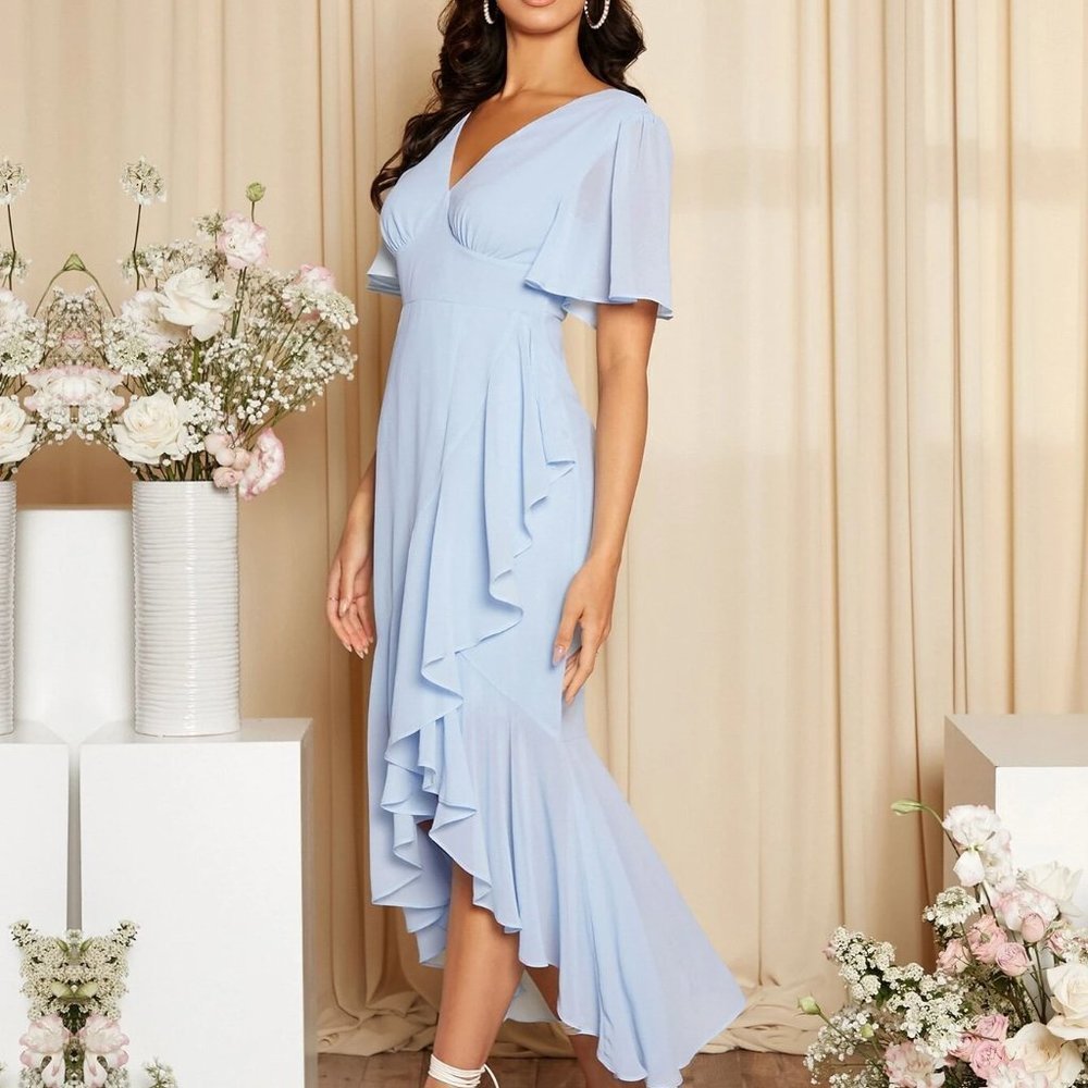 Baby Blue Preppy Womens Neck Butterfly Sleeve Ruffle Wrap High Low Hem Dress - Picture 5 of 5